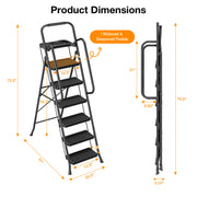 JOZ 6 Step Folding Ladder, 800lb Heavy Duty Alloy Steel, Built-In Tool Tray, Non-Slip Handrails, Anti-Slip Pedals, Black