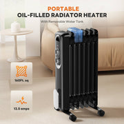 MCQ Basic Electric Oil Filled Radiator, Adjustable Thermostat, Quiet Space Heater, Portable with Casters, Black