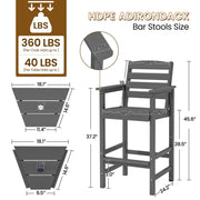 SERWALL Tall Adirondack Chairs Set of 2 with Connecting Table, HDPE Outdoor Barstools, Grey