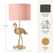 Home Decor Collection Pink Flamingo Brass Table Lamp with Painted Gold Finish, Pink Polyester Shade, Push Switch, Corded Electric, 13.78 x 13.78 x 17.72 in, WK641849