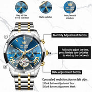 OLEVS 6619 Men's Luxury Dress Automatic Mechanical Watch, Blue Dial with Diamond Accents, Skeleton Tourbillon, Stainless Steel Band