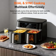HoninJoy DUAF-LR-100A 12 QT Dual Basket Air Fryer, Digital LED Touchscreen, 8 Presets, Nonstick Dishwasher-Safe Baskets