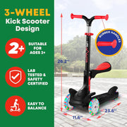 Lifemaster 3 Wheel Kids Scooter with Foldable Seat, Adjustable Handlebar, Light-Up LED Wheels, Wide Anti-Slip Deck, Green, LIFMS55