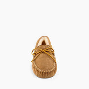 Minnetonka Sheepskin Hardsole Moccasin Slippers for Men, Tan, Size 15W, Leather Upper, Memory Foam Insole