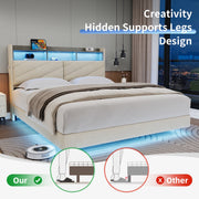 Cocosity Floating Upholstered Bed Frame, Queen Size, Beige, Ergonomic Adjustable Storage Headboard with USB Charging, RGB LED Lighting, Metal Frame