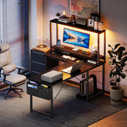 Casacomoda 53 Inch L-Shaped Office Desk with Built-in Power Outlets, USB Ports, Adjustable LED Lighting, Hutch with Three Shelves, Black