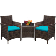 Devoko Patio Conversation Set, 3 Pieces Outdoor Wicker Bistro Chairs with Tempered Glass Coffee Table, Brown and Blue