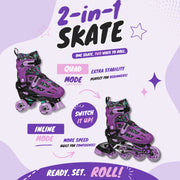 Roller Derby Falcon 2-in-1 Combo Adjustable Quad and Inline Kids Skates, Black Purple, Small I260GS