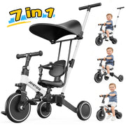 JoyStone 7 in 1 Foldable Toddler Tricycle with Adjustable Canopy, Detachable Backrest, Adjustable Seat and Parental Control Handle, White, 18077011815