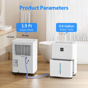 Aootek MAX 30-Pints Dehumidifier, White, 3000 Sq. Ft Coverage, 0.6 Gal Tank, Humidity Control, Timer, Drain Hose, D05