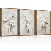 HPINUB Beige Floral Wall Art Set, Neutral White Flowers on Thickened Canvas, Framed PS Frame with Sturdy Backboard, 16x24 Inch, Set of 3