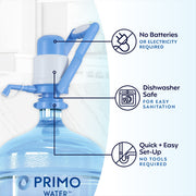 Primo Brands Portable Water Dispenser, Manual Pump, BPA-Free, Compatible with 3- and 5-Gallon Bottles, Dishwasher Safe, Blue and White