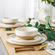 AmorArc Ceramic Dinnerware Set, 18 Pieces, Service for 6, Handpainted Plates and Bowls with Rustic Terracotta Underside, Scratch Resistant Stoneware, Dishwasher and Microwave Safe, Light Beige