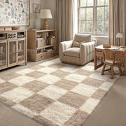 Berthmeer 8'x10' Washable Shag Area Rug, Beige Checkered Pattern, Soft Plush Carpet for Living Room Bedroom Dining Room