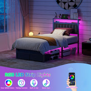 Satifur Twin Bed Frame with 2 Drawers & Storage Headboard, Platform Metal Bed with 2 USB Ports and Outlets