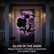 Magical Halloween Moon Cat Crescent Wreath with Light-Up Purple Floral Accents and Gothic Black Rose, Elegant Hanging