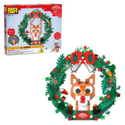 Brickcraft Rudolph The Red-Nosed Reindeer Light-Up Holiday Wreath Building Bricks Set, 526 Pieces, Red Green Gold, BKC