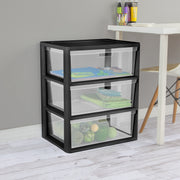 Sterilite Wide 3 Drawer Tower Storage Cart with Removable Clear Bins, Easy Assembly, Black, 4530-90