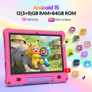 Tedupee 10inch Kids Tablet, Android 15, 1280x800 HD IPS Display, 12GB RAM, 64GB Storage, Quad-Core Processor, Wi-Fi 6, 6000mAh Battery, Parental Control, Pink