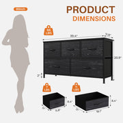 Zunmos Concetta Dresser with 5 Fabric Drawers, Soft Close, Black Wood Top, Metal Frame, Adjustable Feet
