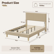 Bestier Corduroy Upholstered Full Bed Frame with Adjustable Headboard, LED Light, Solid Teak Wood Slats, Beige