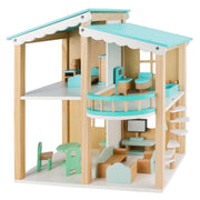 Bruce & Shark Wooden Dollhouse Toy, 2-Story Blue with 16-Piece Furniture Set, Easy to Assemble, for Girls Ages 3 and Up, 18745865466