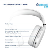 SoundPlay 9063 Foldable Wireless Headphones, Bluetooth Over-Ear Headset with Built-in Mic, White