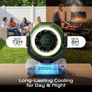 Fimilo Portable Camping Fan with Light, 20000mAh Rechargeable Battery, 100 Speeds, Remote Control, Timer, 180 Oscillation, Hook for Outdoor Tent and Travel, T11