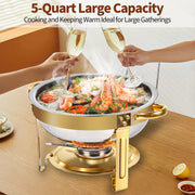 Annvchi 4 Pack 5QT Round Stainless Steel Chafing Dish Set, Golden Buffet Warmer for Catering and Home Parties