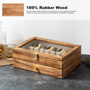 Honiway 2-Layer Wood Silverware Storage Box with Glass Lid, Drawer, Soft Linen Liner, Brown, 14.5x10.6 in, W5-015101
