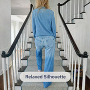 Womens Denim Pajamas Set, Soft Stretch Milk Silk and Spandex Fabric, Relaxed Fit Top, Flowing Lounge Pants