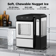 Simzlife Nugget Ice Maker Countertop, 26.5 lbs/24H, Self-Cleaning, 1.7 Qt Water Tank, Stainless Steel, Soft Chewable Pellet Ice, IM025-N