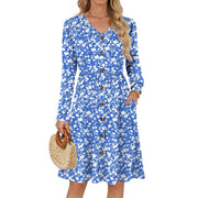 Fantaslook Blue Floral Long Sleeve V Neck A-Line Midi Dress with Pockets for Women