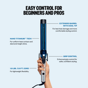 BaBylissPRO Nano Titanium Extended Barrel Hair Curling Iron, 1.5 in, Blue, 5 Digital Temperature Settings up to 430F, BNTW150XLUC