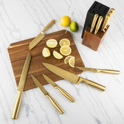 Thyme & Table 12-Piece Knife Block Set with Stainless Steel Blades, Gold Finish Handles, Acacia Wood Block