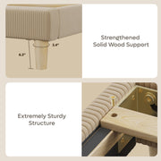 Bestier Corduroy Upholstered Full Bed Frame with Adjustable Headboard, LED Light, Solid Teak Wood Slats, Beige