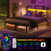 NISIEN Queen Size Bed Frame with LED Storage Headboard, RGB Lights, Charging Station, Metal Platform, Black