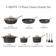 Carote EW13 Nonstick Pots and Pans Set, 13 Pcs Induction Kitchen Cookware Sets (Black Granite)