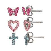 Brilliance Fine Jewelry Girls Sterling Silver Crystal Heart Butterfly and Cross Stud Earring Set