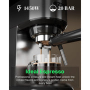 HBN Semi Automatic Espresso Machine, 20 Bar Pressure, Steam Wand, Stainless Steel Coffee Maker, 1450W, Black