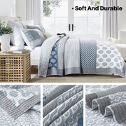 Bedduvit Quilt for King Bed - 100% Cotton Blue Gray Floral Real-Patchwork Plaid Striped Farmhouse King Quilt Bedspread  Reversible Modern Lightweight Quilt Set with Shams  3-Piece (98 x106 )