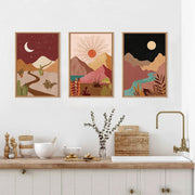 HPINUB Modern Boho Framed Canvas Wall Art Set, Colorful Moon and Sun Desert Painting, Southwest Landscapes, Rustic Mountain Decor, 16x24x3 in, Pack of 3