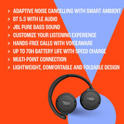 JBL JBLT670NCBLKAM TUNE 670NC - Adaptive Noise Cancelling With Smart Ambient Wireless On-Ear Headphones, Up To 70H Battery Life With Speed Charge, Lightweight, Comfortable And Fold