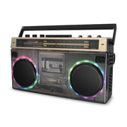 ION Audio Retro Glow Boombox, Translucent Black, Bluetooth, Multi-Colored LED Lights, Cassette Playback and Recording, USB and Micro SD Support, AM/FM Radio, Rechargeable Battery