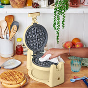 Made By Gather Beautiful Rotating Belgian Waffle Maker, 900W, EverGood Ceramic Nonstick, Adjustable Browning, Buttercream, Compact Foldable Design, 29426