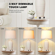 Cinkeda Farmhouse Jar Table Lamp Set of 2 with 3-Way Dimmable Touch Control, USB A+C Ports, AC Outlet, White Resin with Beige Linen Shade, 24 in, WMTD-330