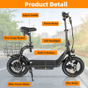 COBIZI 500W Electric Scooter for Adult, Black, 500W-25 Miles-Adjustable Seat And Basket