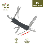 Swiss Tech Helfen 12-in-1 Multi Tool Knife with Stainless Steel Drop Point Blade, G10 Handle, Black, 6161