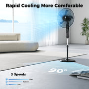 Patbrela 18-Inch Pedestal Fan, 3 Modes, 3 Speeds, 90 Oscillating, Adjustable Height 46-54 in, 12-Hour Timer, Remote Control, Black