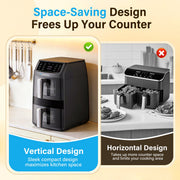 Transonic 11QT Air Fryer, Dual Vertical Basket Design with Deep Top and Long Bottom Baskets, 430F High-Heat Broil, 360 Rapid Circulation, 6-in-1 Preset Function, Family Size, Black, ODA1100